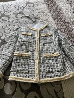 Sandro Style Black-and-Cream Tweed Fringe-Trimmed Cozy Jacket